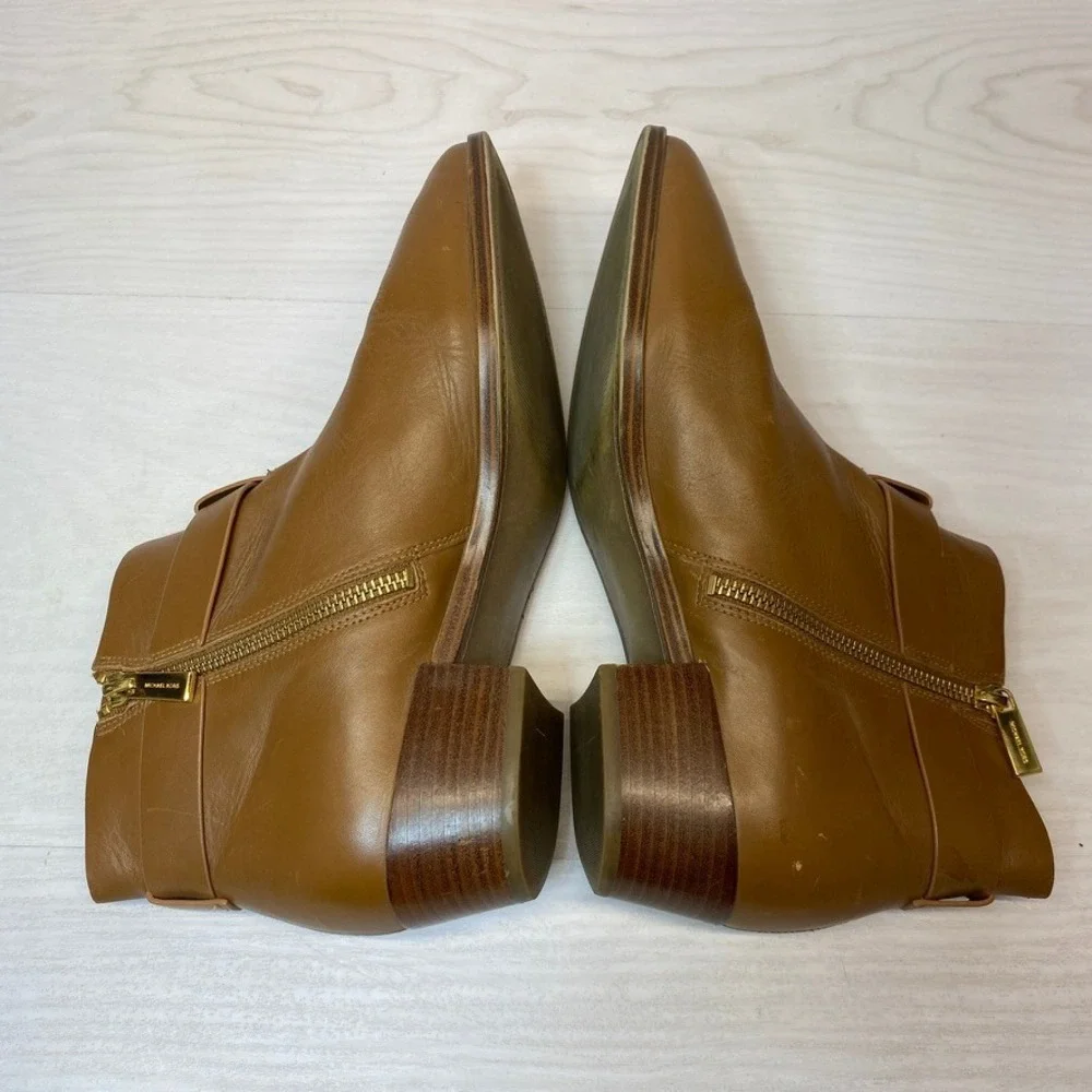 Michael Kors Womens 10M Ankle Boots Leather MK Buckle Brown Logo Booties